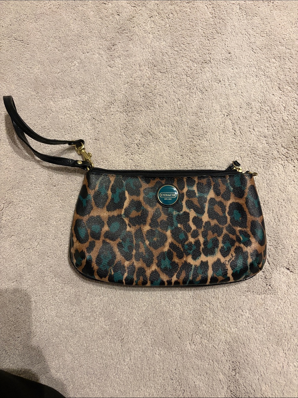Coach Teal and Brown Leopard Print Wristlet